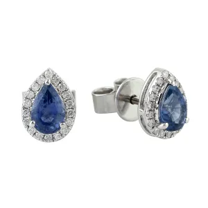 Pear Cut Blue Sapphire Pave Diamond Stud Earrings In 18k White Gold