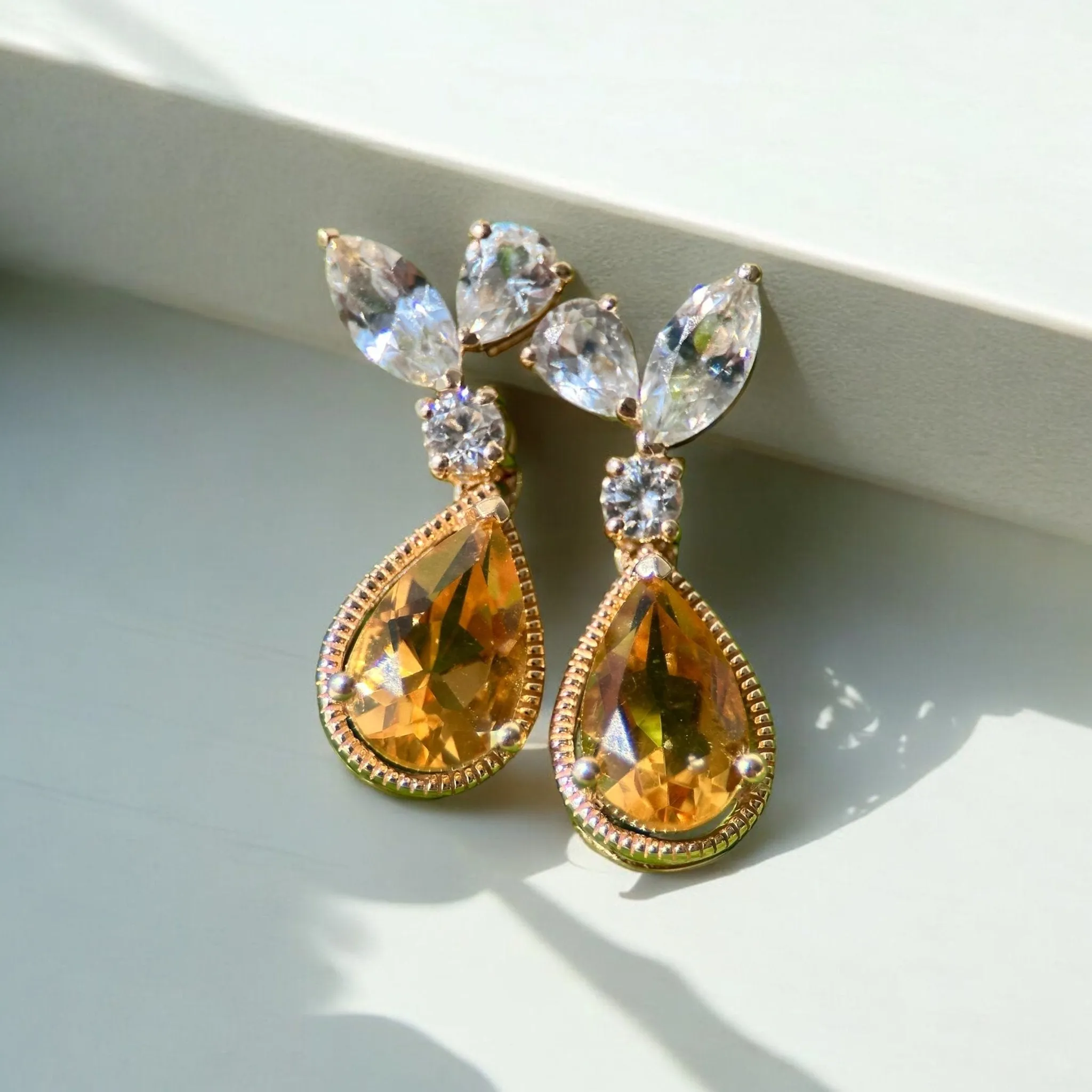 Pear Cut Citrine and Sapphire Dangle Earrings
