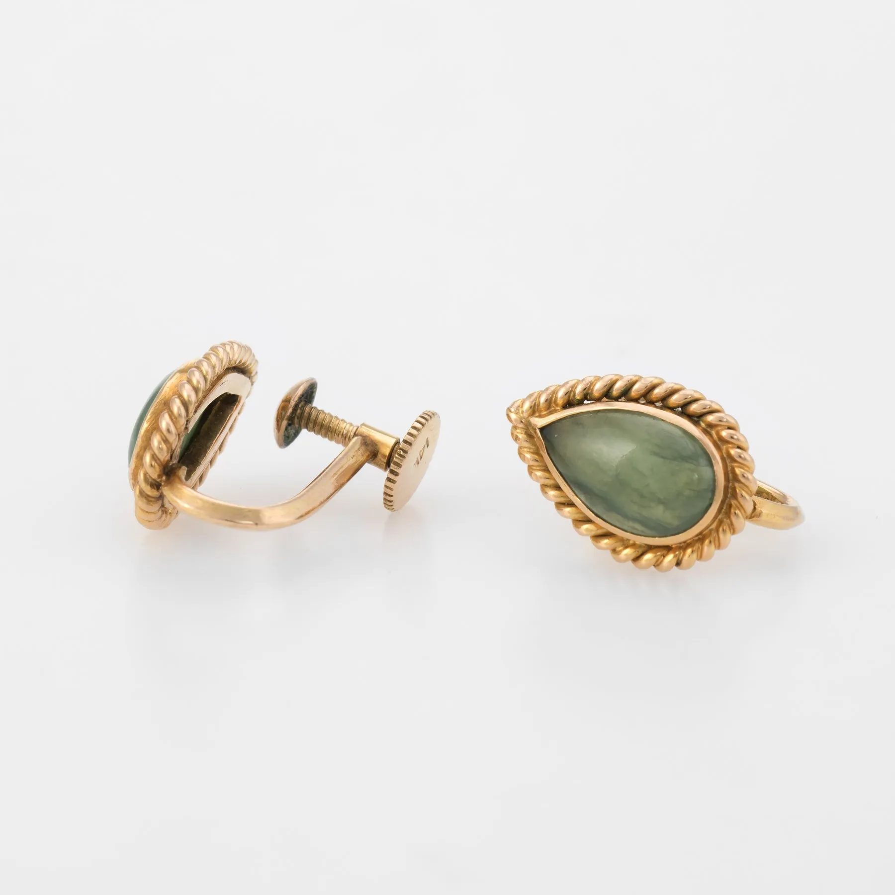 Pear Cut Jade Earrings Vintage 14k Yellow Gold Estate Fine Jewelry Screw Back