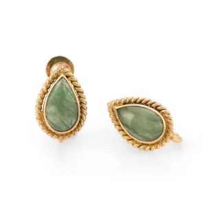 Pear Cut Jade Earrings Vintage 14k Yellow Gold Estate Fine Jewelry Screw Back