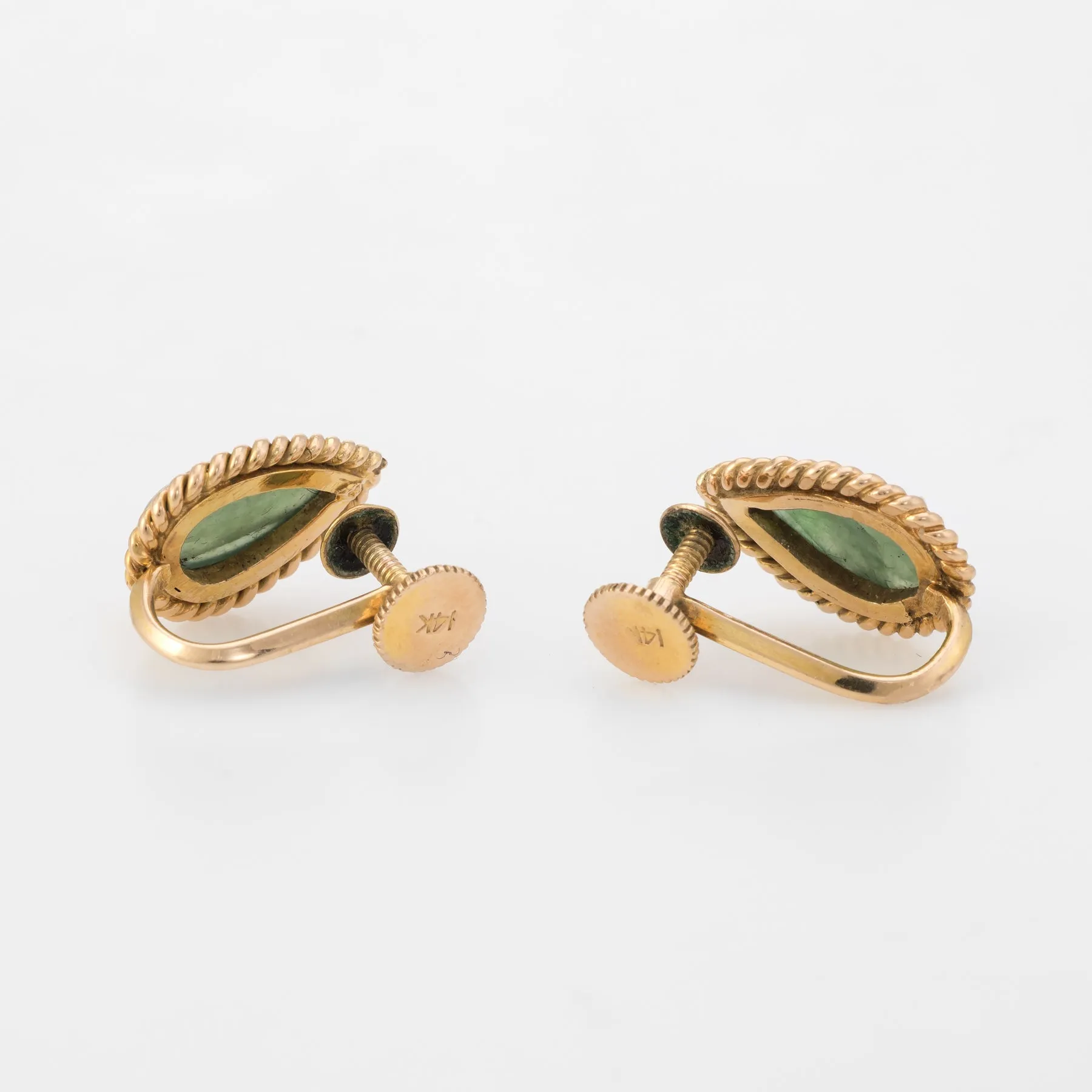 Pear Cut Jade Earrings Vintage 14k Yellow Gold Estate Fine Jewelry Screw Back