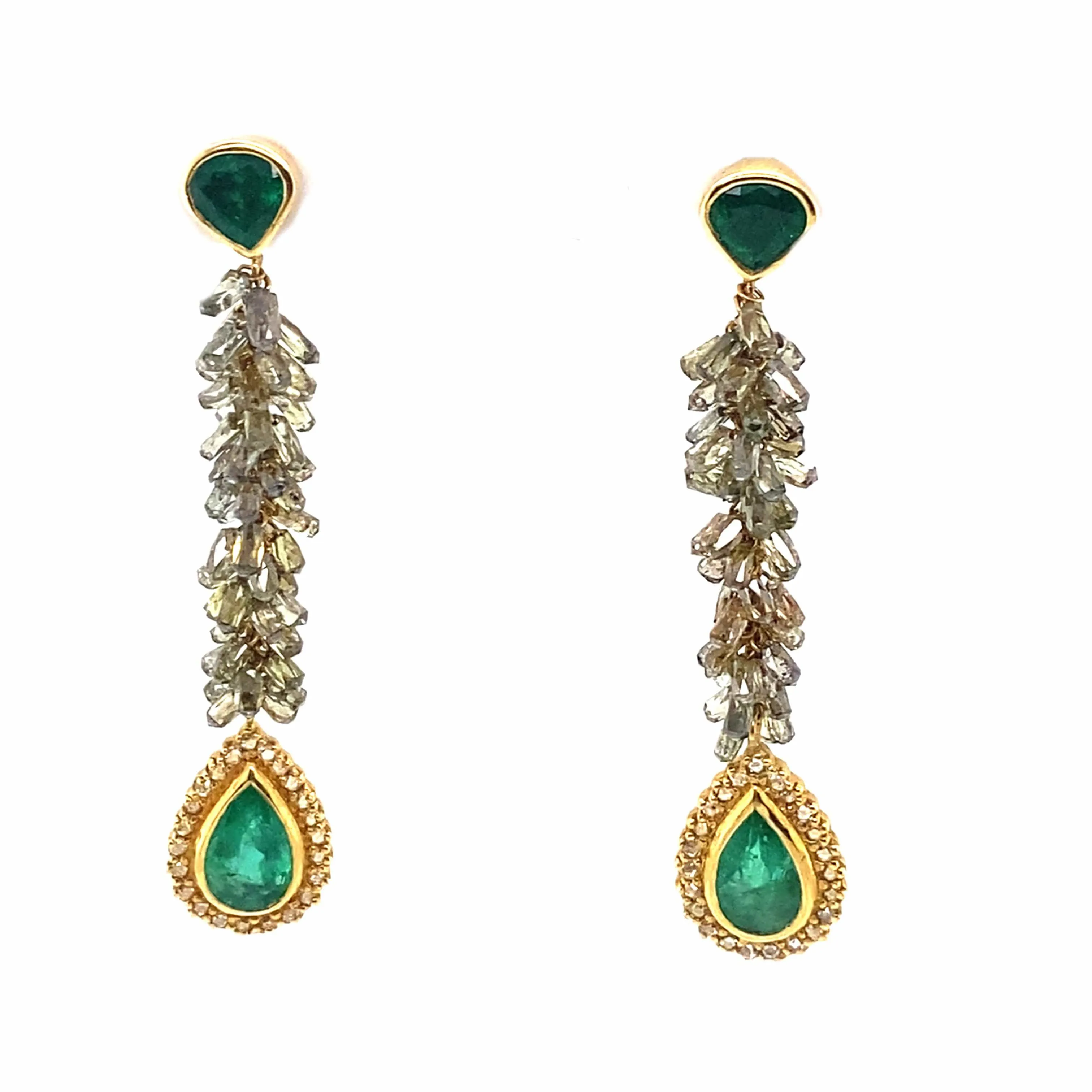 Pear Shaped Emerald Dangle Drop Earrings with Diamonds