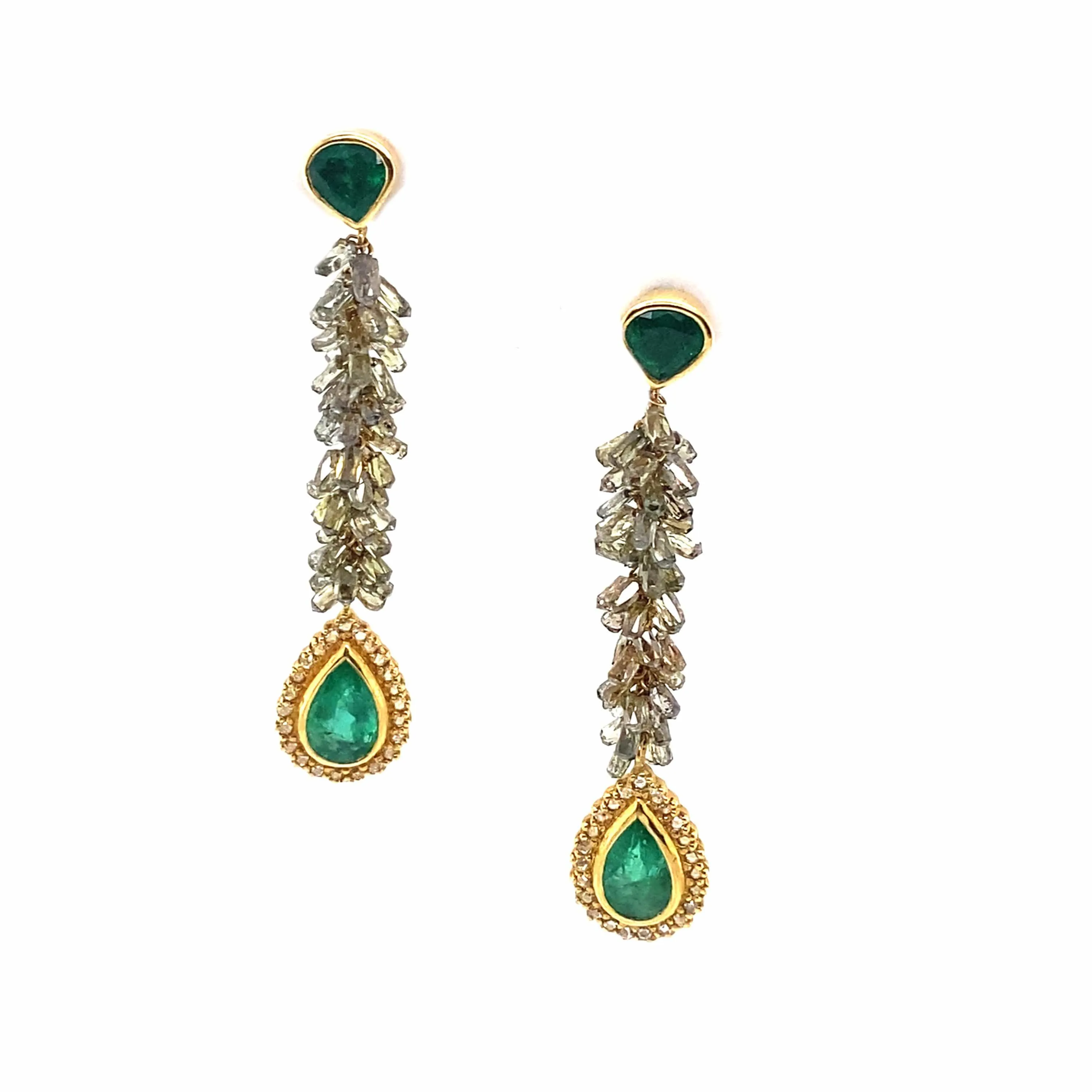 Pear Shaped Emerald Dangle Drop Earrings with Diamonds