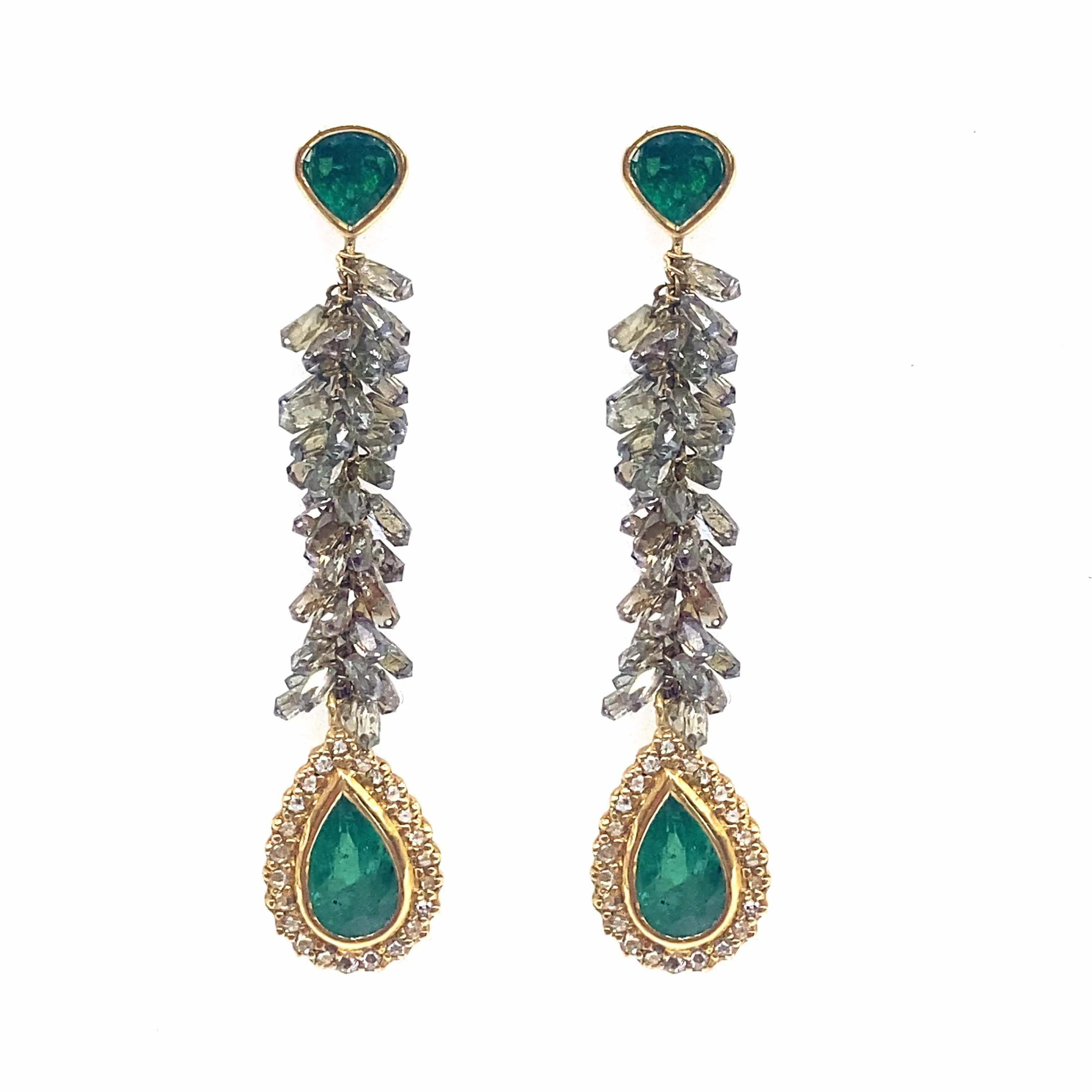 Pear Shaped Emerald Dangle Drop Earrings with Diamonds