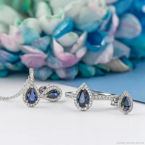 Pear Shaped Sapphire Ring with Diamond Halo and Accents