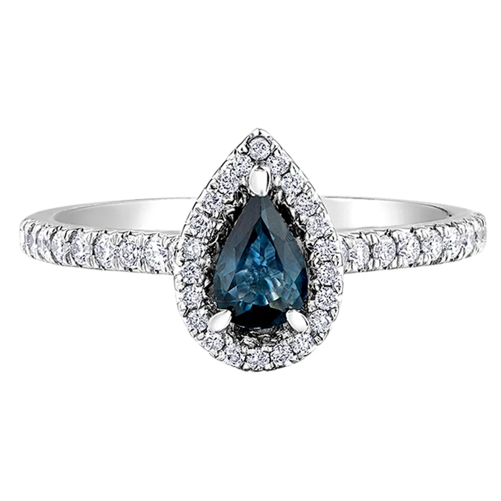 Pear Shaped Sapphire Ring with Diamond Halo and Accents