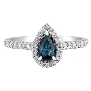 Pear Shaped Sapphire Ring with Diamond Halo and Accents