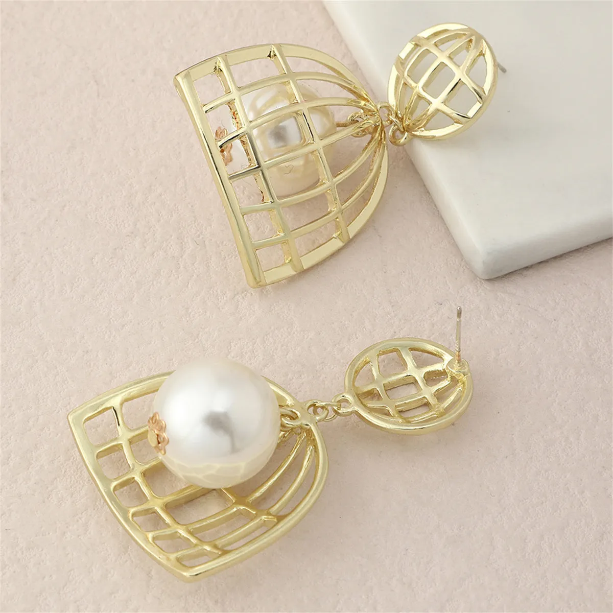 Pearl & 18K Gold-Plated Birdcage Drop Earrings