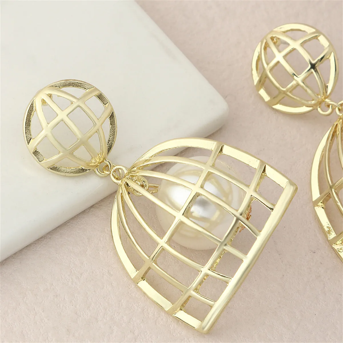 Pearl & 18K Gold-Plated Birdcage Drop Earrings