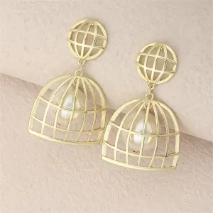 Pearl & 18K Gold-Plated Birdcage Drop Earrings