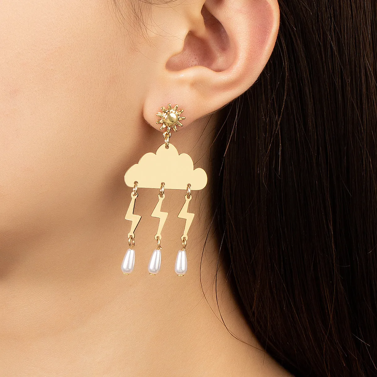 Pearl & 18K Gold-Plated Cloud Lightning Tassel Drop Earrings