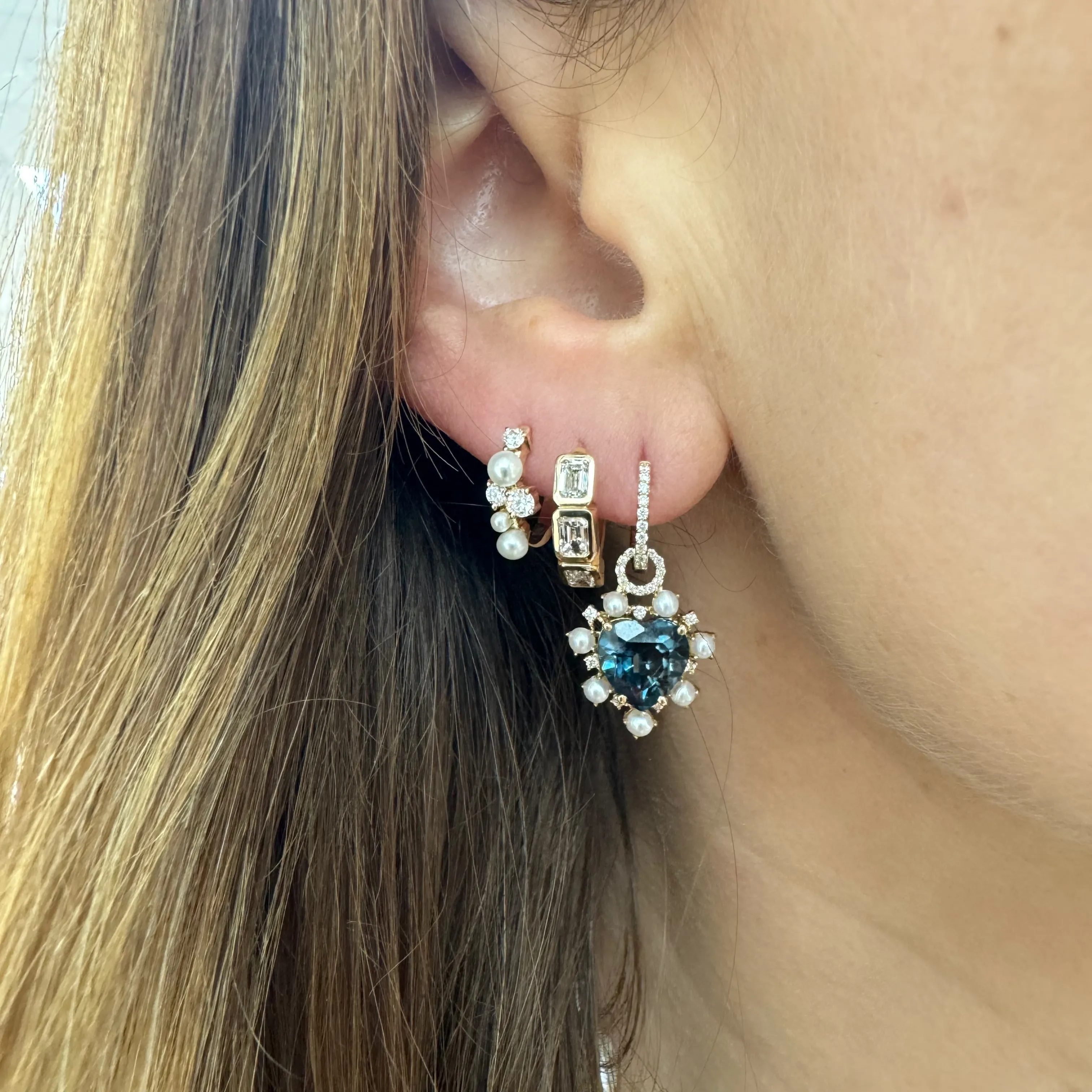 Pearl & London Blue Topaz Heart Drop Huggie Hoop Earrings