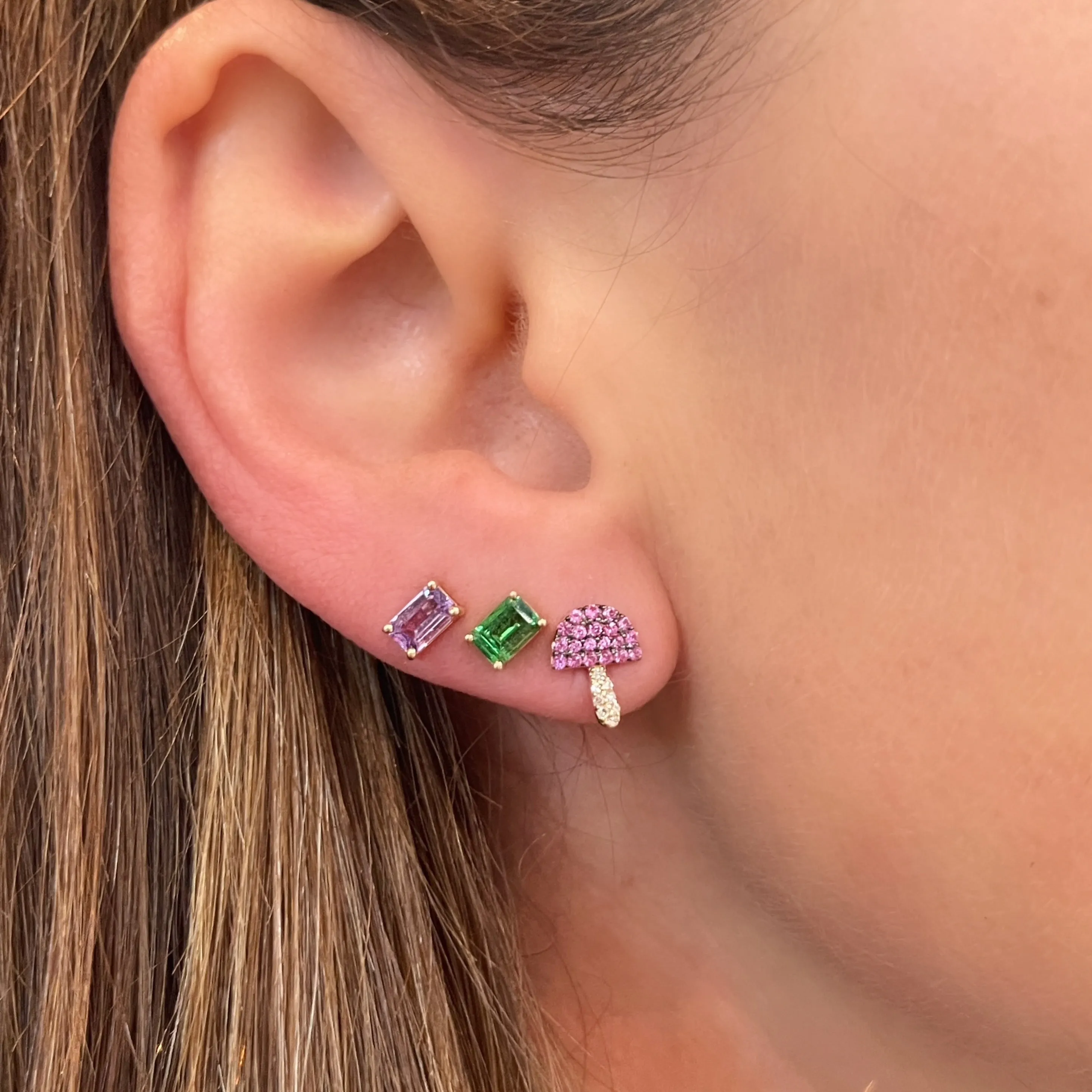 Petite Emerald Cut Pink Sapphire Sprinkle Stud Earrings