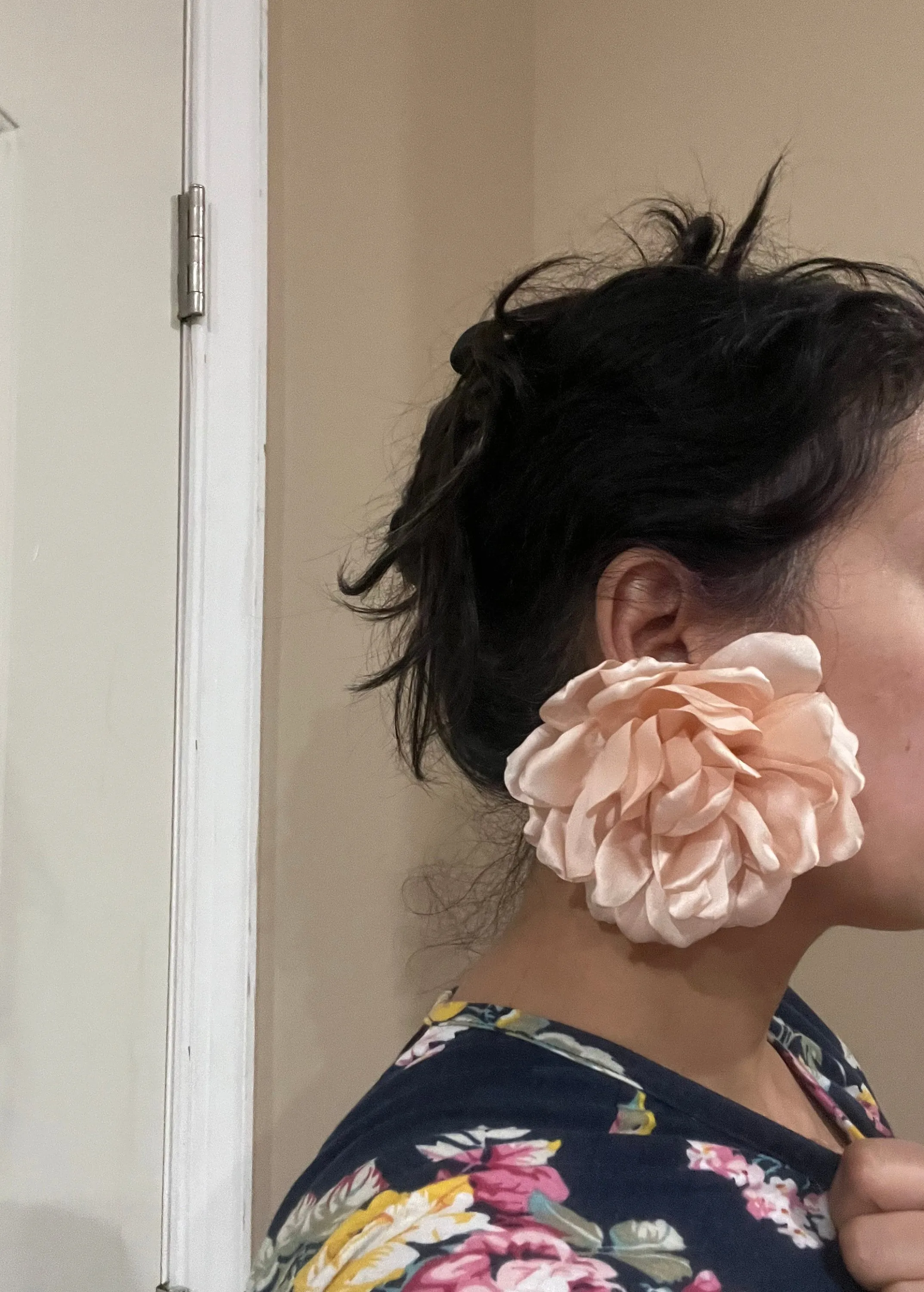 Pink champagne flower stud earrings ,huge light peach feathered earrings , large champagne earrings , big  earrings fabric floral
