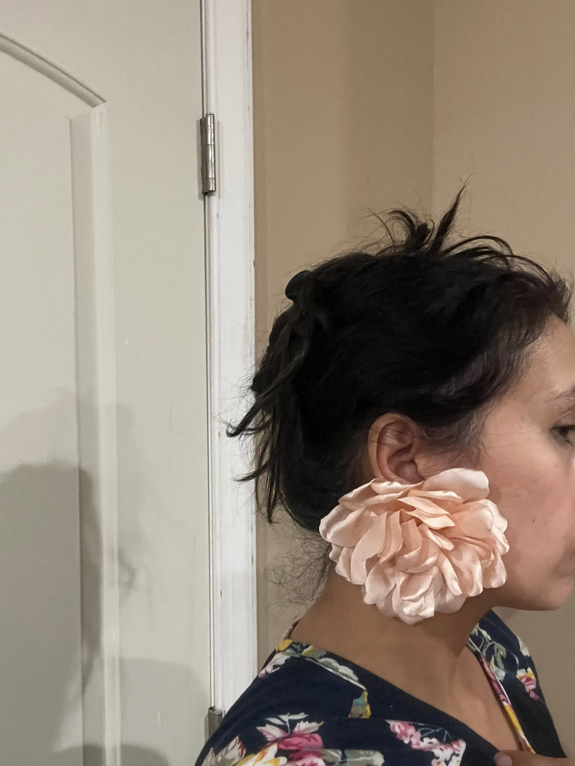 Pink champagne flower stud earrings ,huge light peach feathered earrings , large champagne earrings , big  earrings fabric floral