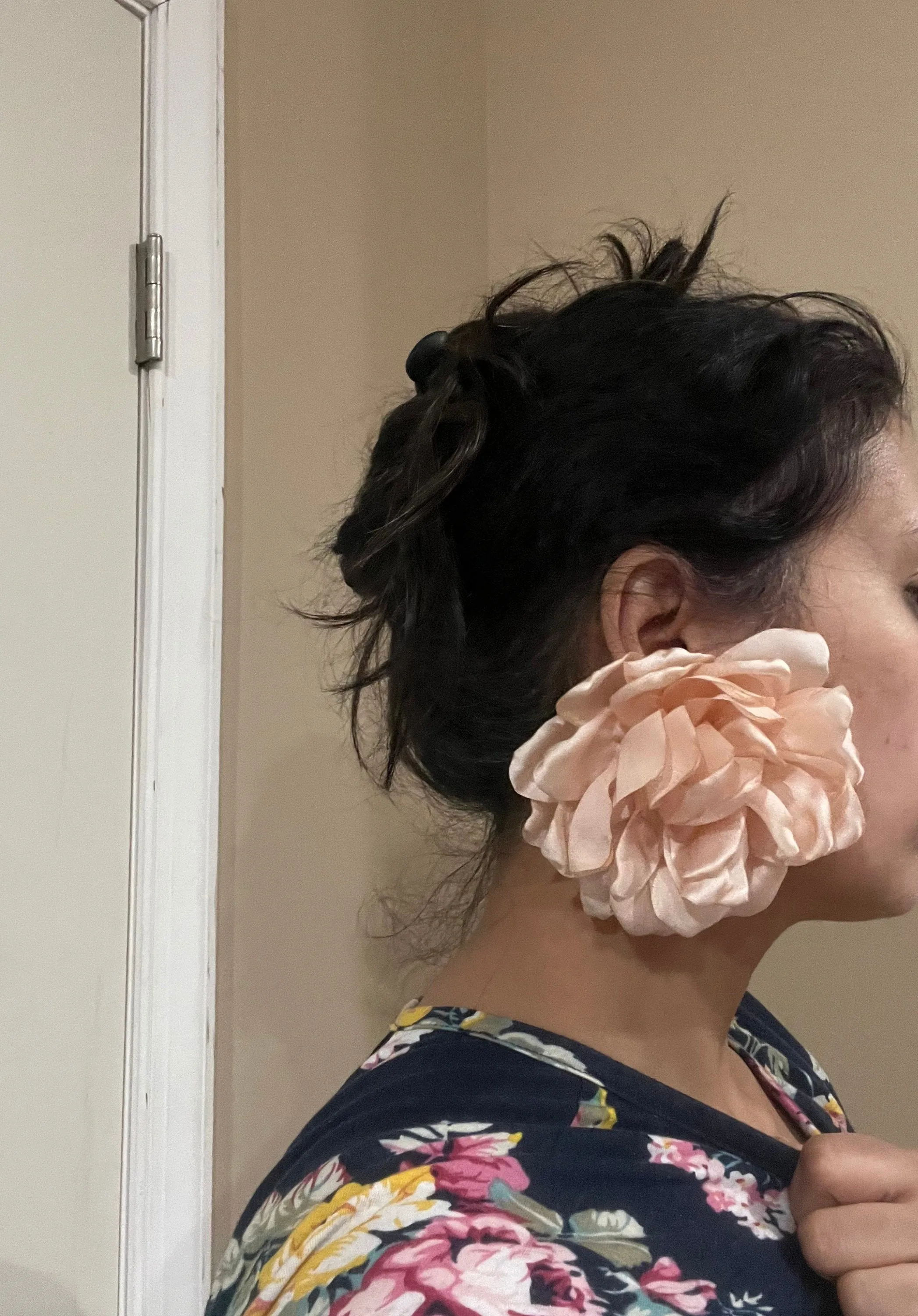 Pink champagne flower stud earrings ,huge light peach feathered earrings , large champagne earrings , big  earrings fabric floral