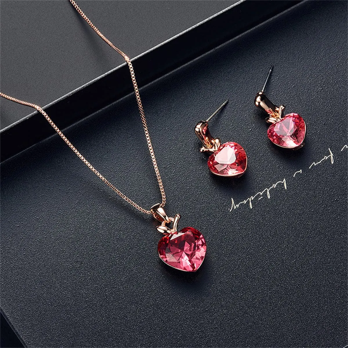 Pink Crystal & 18K Rose Gold-Plated Heart Pendant Necklace Set