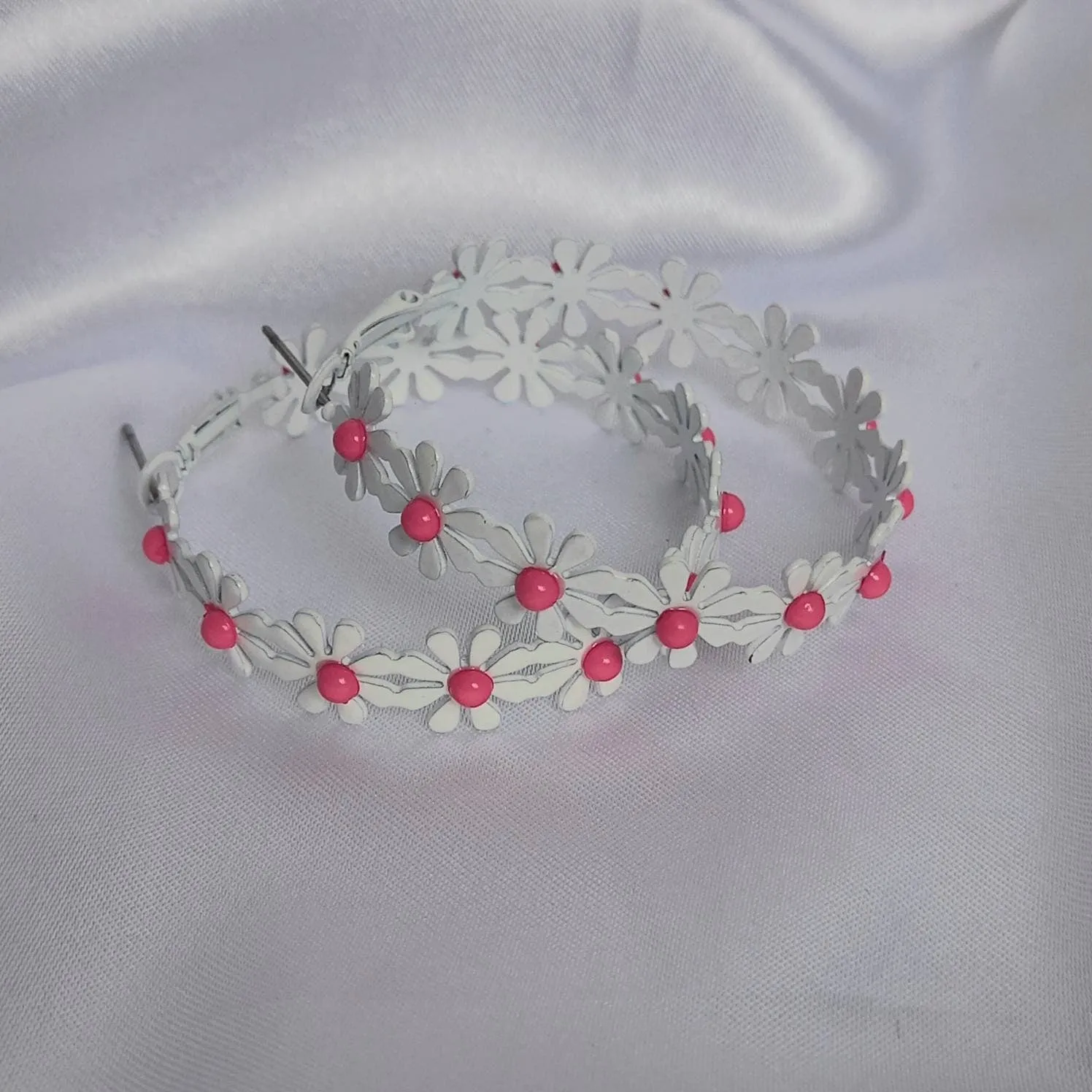 Pink Daisy Hoop Earrings - Lightweight Hoop Earrings,Pink Flower Earrings,Pink Hoop Earrings,Pink Daisy Earrings,Flower Jewellery In The UK