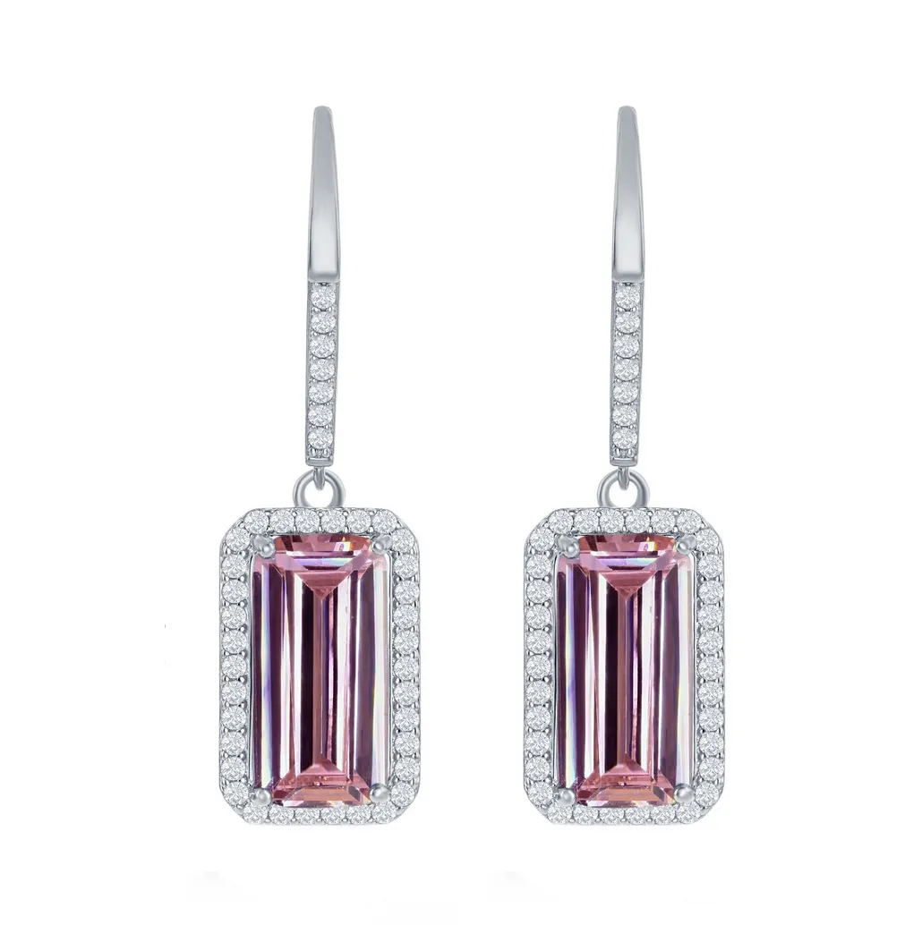 Pink Emerald-Cut Halo Drop Earrings