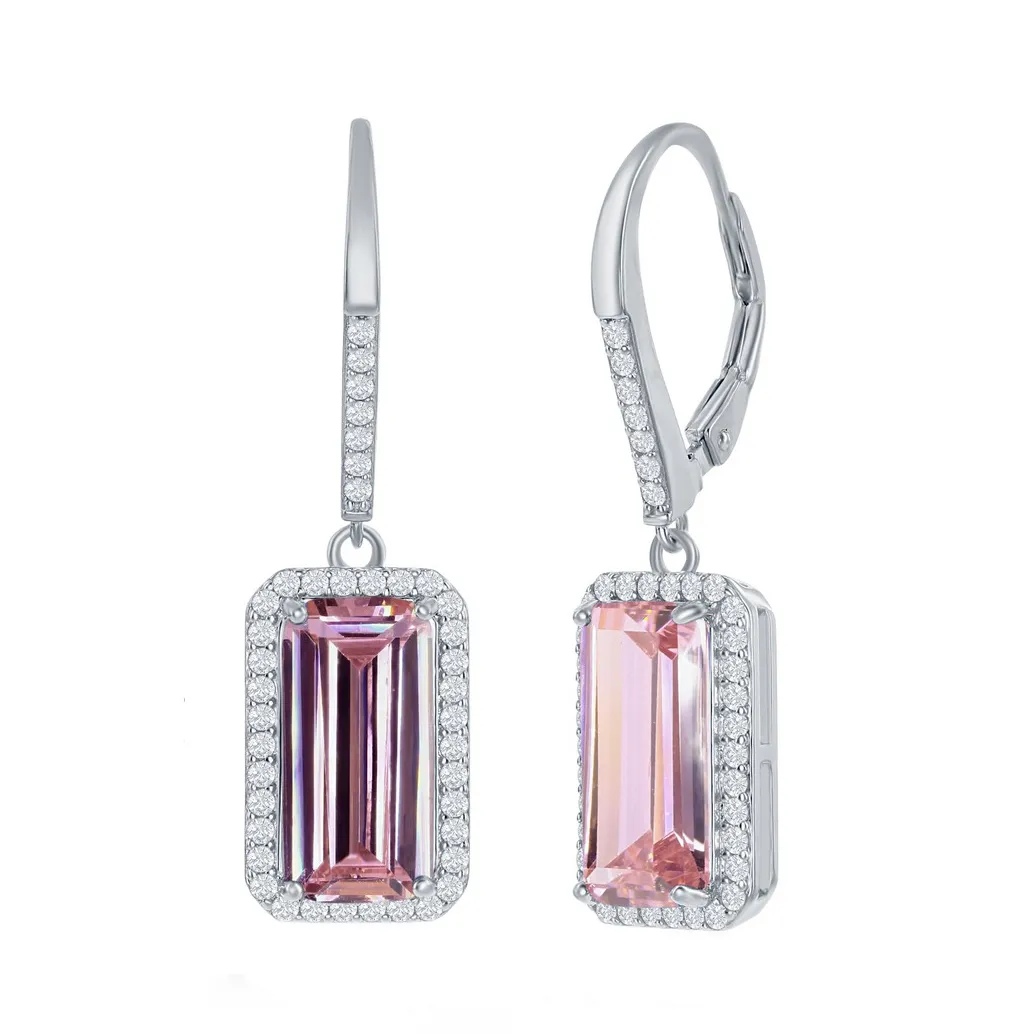 Pink Emerald-Cut Halo Drop Earrings