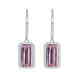 Pink Emerald-Cut Halo Drop Earrings