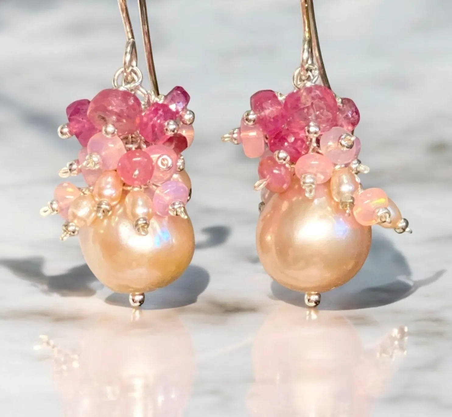Pink Pearl Earrings with Pink Sapphire and Opal Clusters