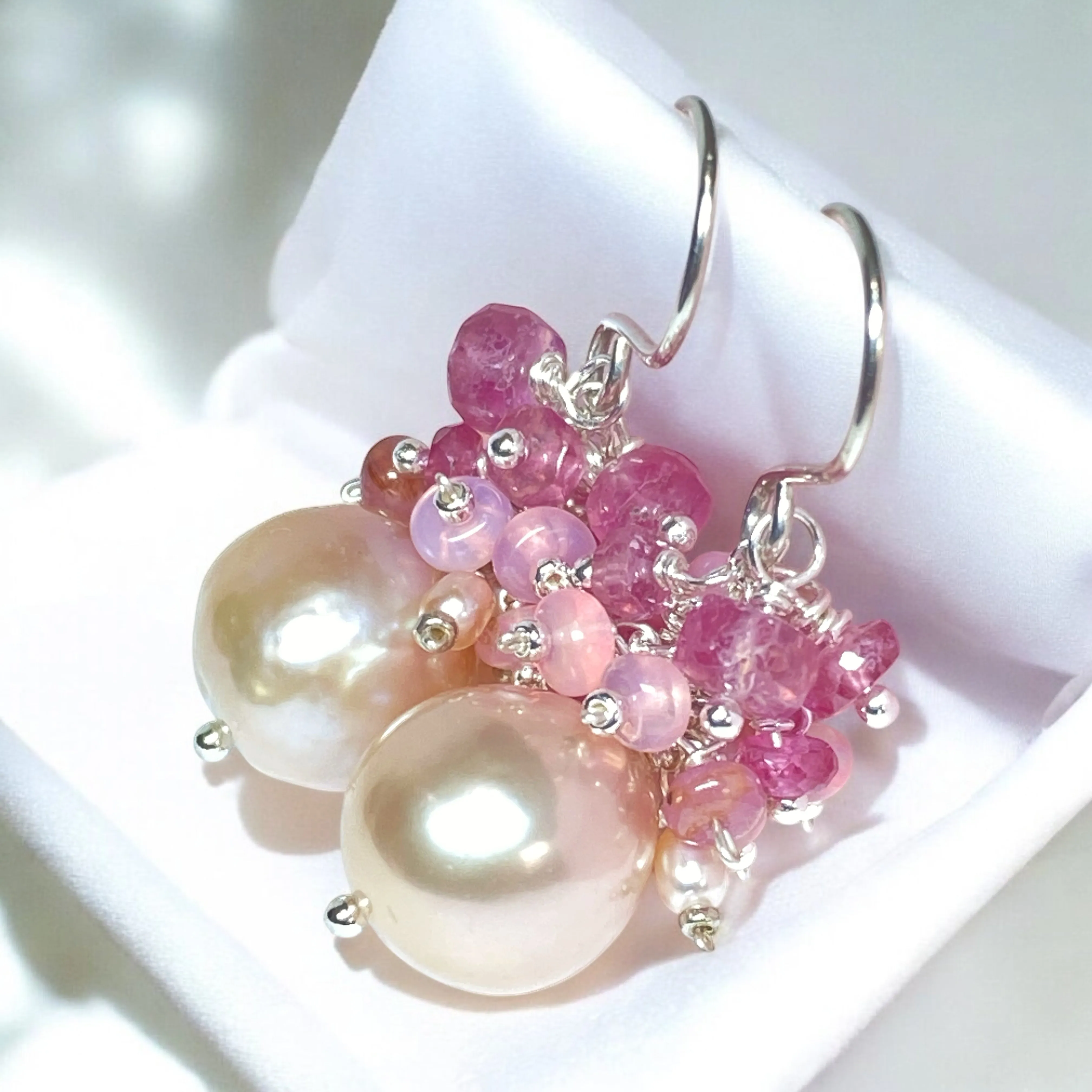 Pink Pearl Earrings with Pink Sapphire and Opal Clusters