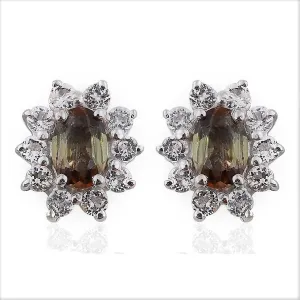 Platinum over Sterling Silver ANDALUSITE & WHITE TOPAZ Stud Earrings