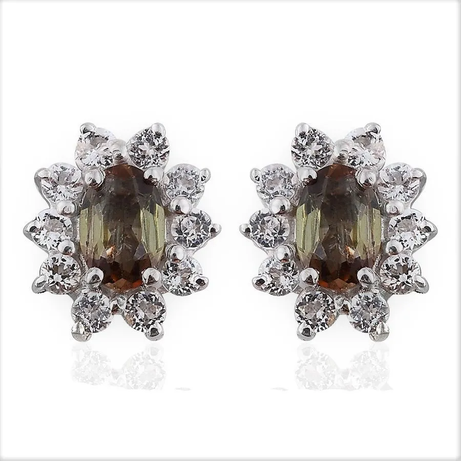 Platinum over Sterling Silver ANDALUSITE & WHITE TOPAZ Stud Earrings