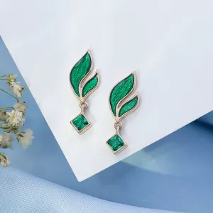 Pure 925 Silver Earrings -  Radiant Emerald Leaf Danglers