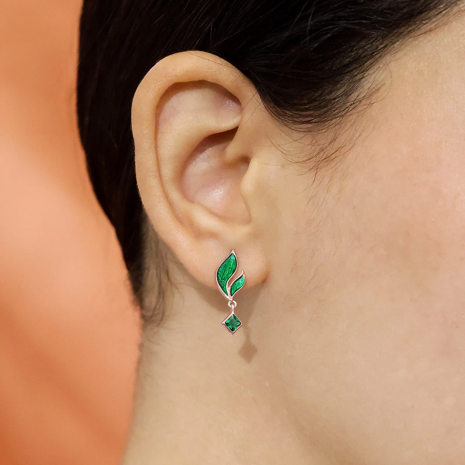 Pure 925 Silver Earrings -  Radiant Emerald Leaf Danglers