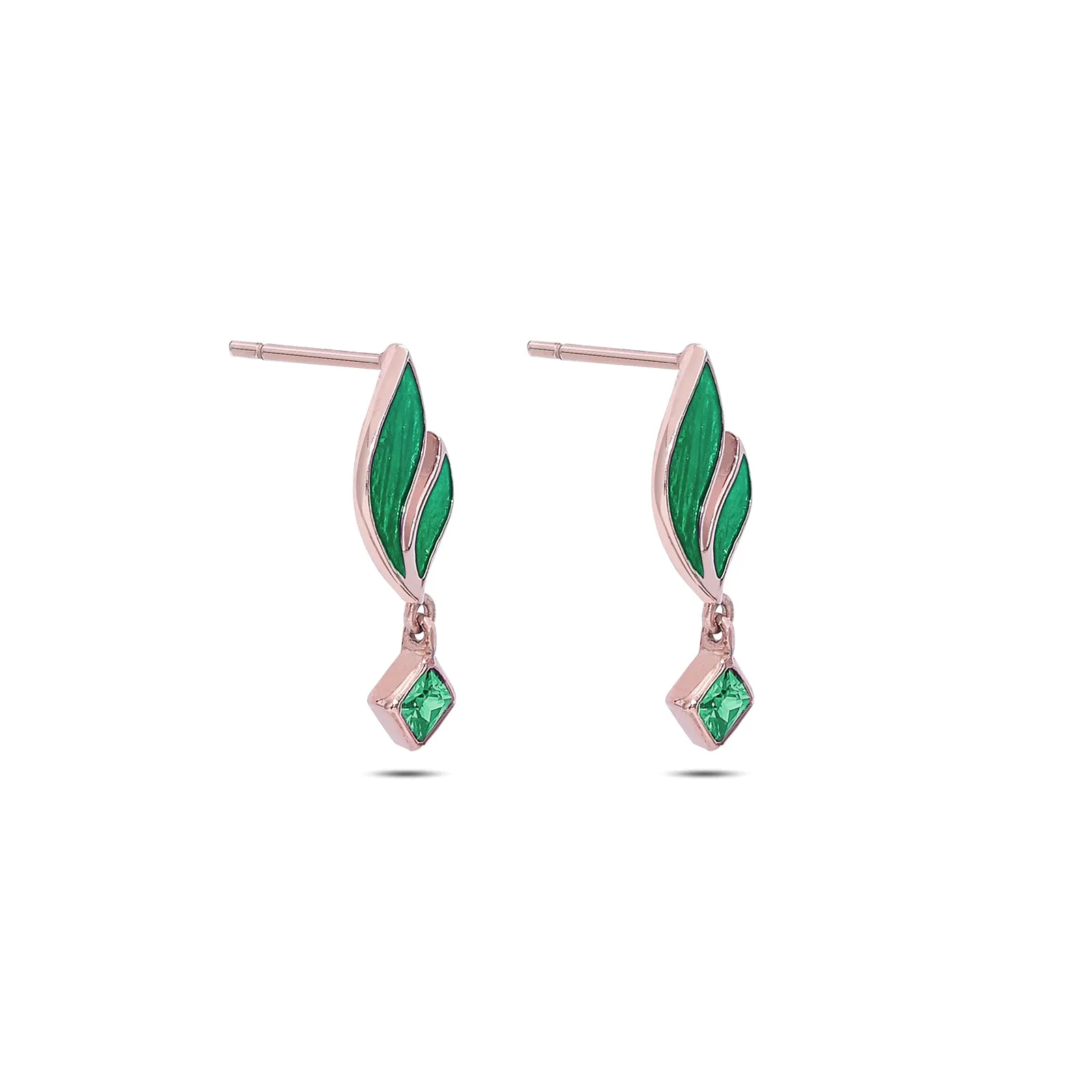 Pure 925 Silver Earrings -  Radiant Emerald Leaf Danglers