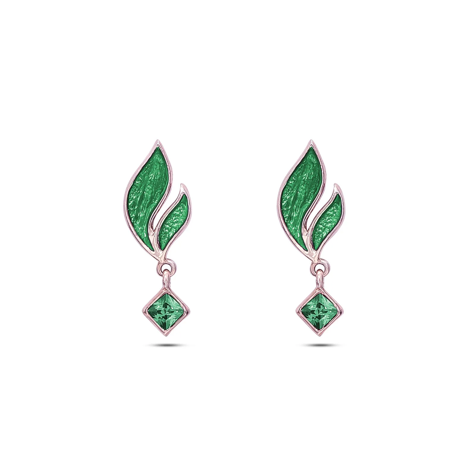 Pure 925 Silver Earrings -  Radiant Emerald Leaf Danglers