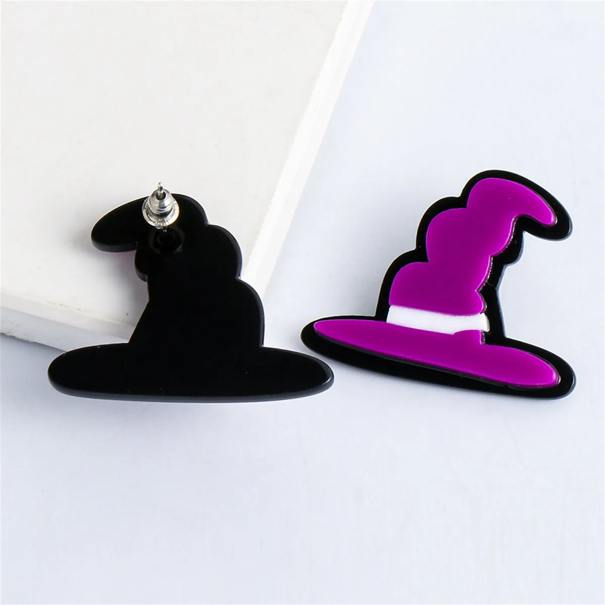 Purple Acrylic & Silver-Plated Witch Hat Drop Earrings