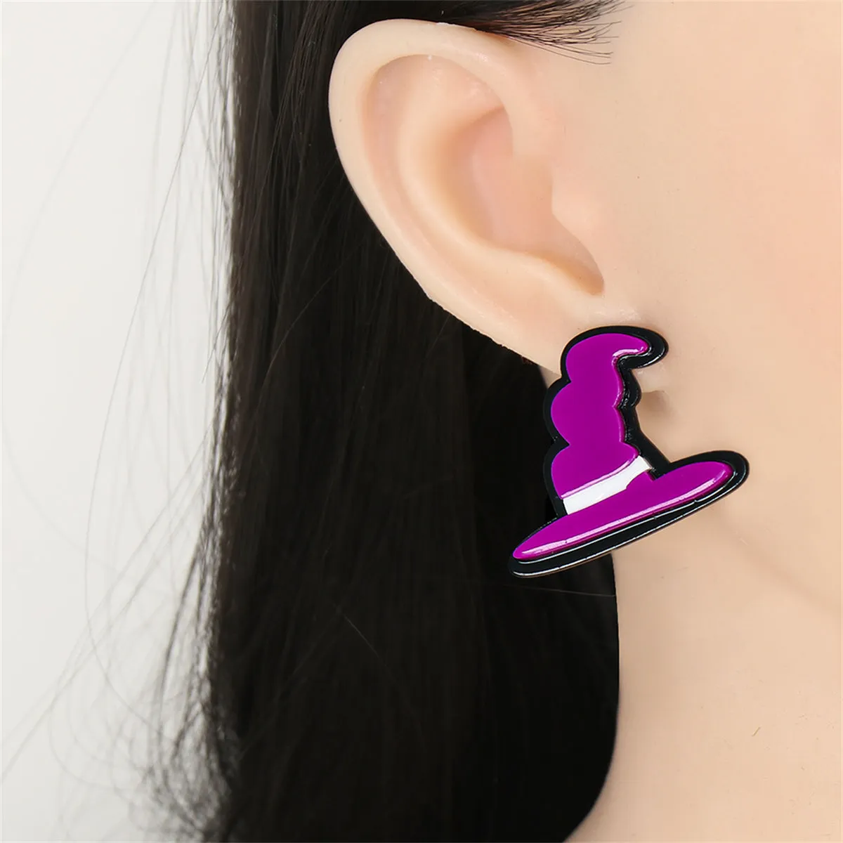 Purple Acrylic & Silver-Plated Witch Hat Drop Earrings