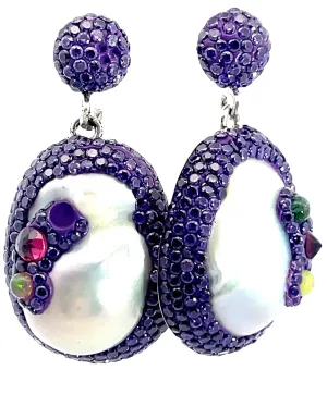 Purple Crystal Pearl Drop Sterling Silver Earrings