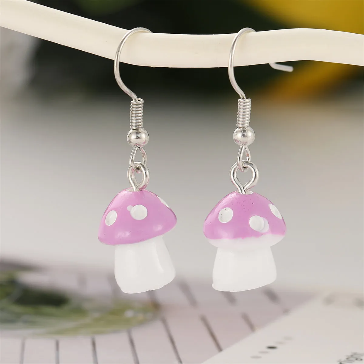 Purple Resin & Silver-Plated Dot Mushroom Drop Earrings