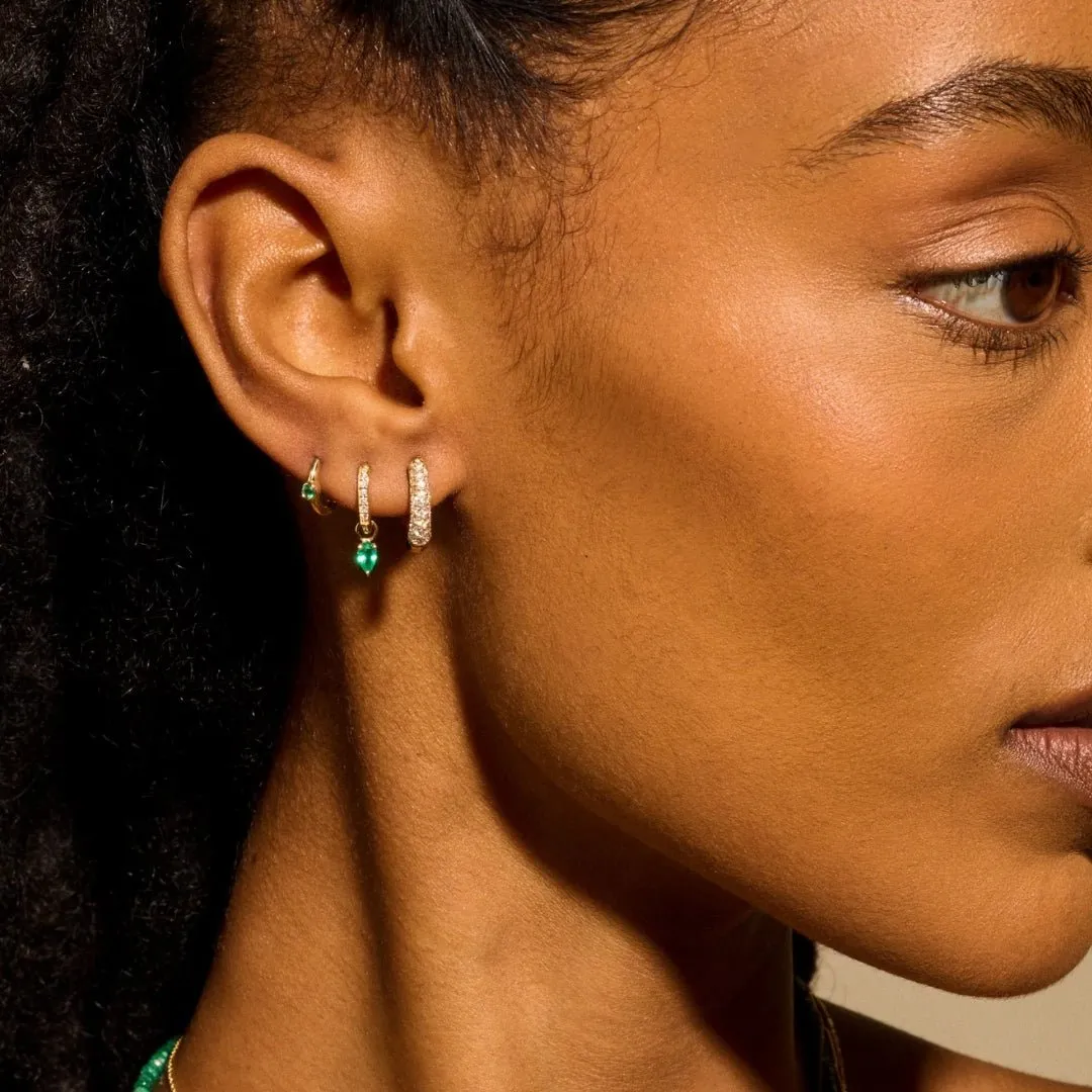"Romy" Huggie Click Hoop Earring with Bezel-Set Emerald - SINGLE