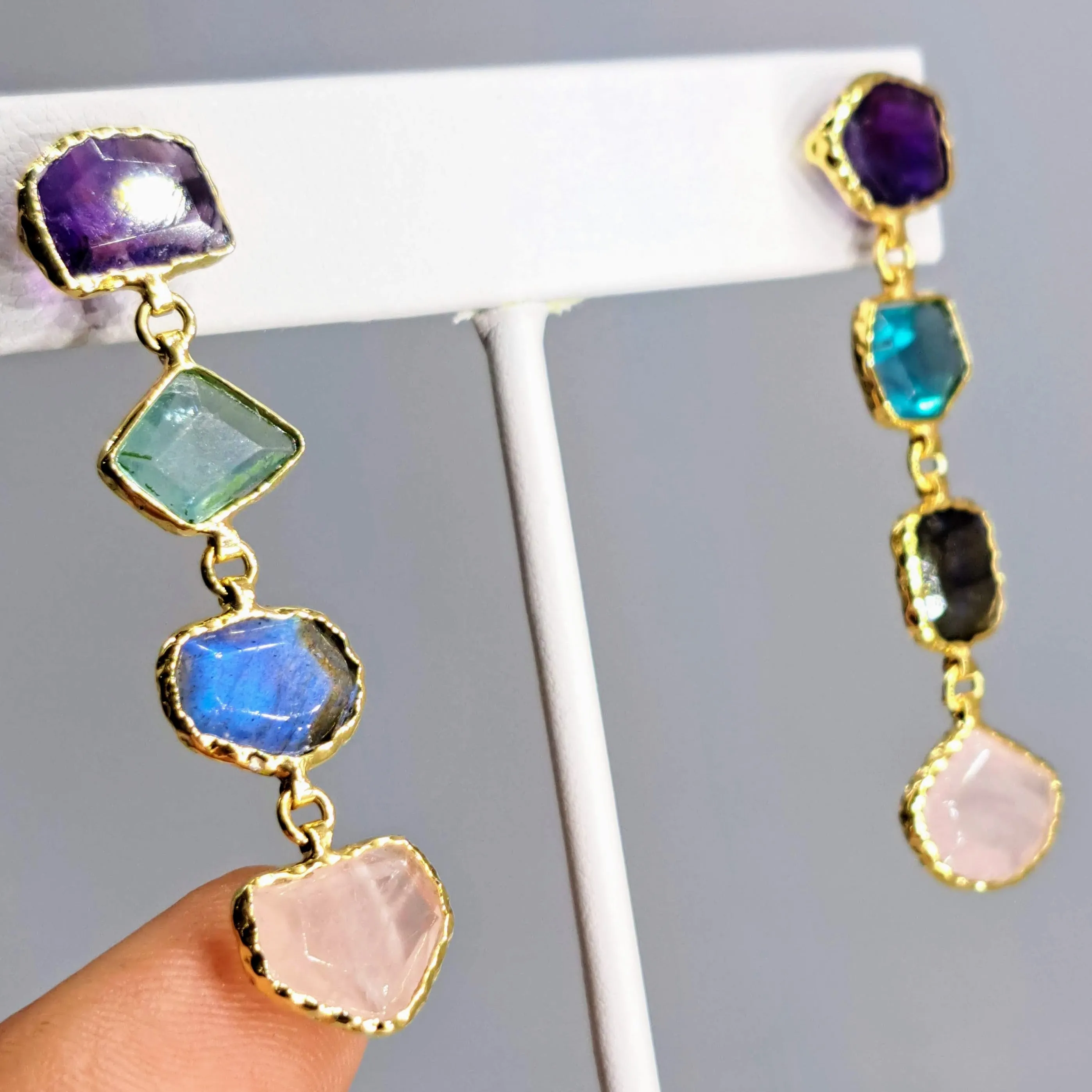"Sweet Rock Candy" 2" Earrings - Amethyst, Fluorite, Labradorite, Rose Quartz, 18k Gold Sterling