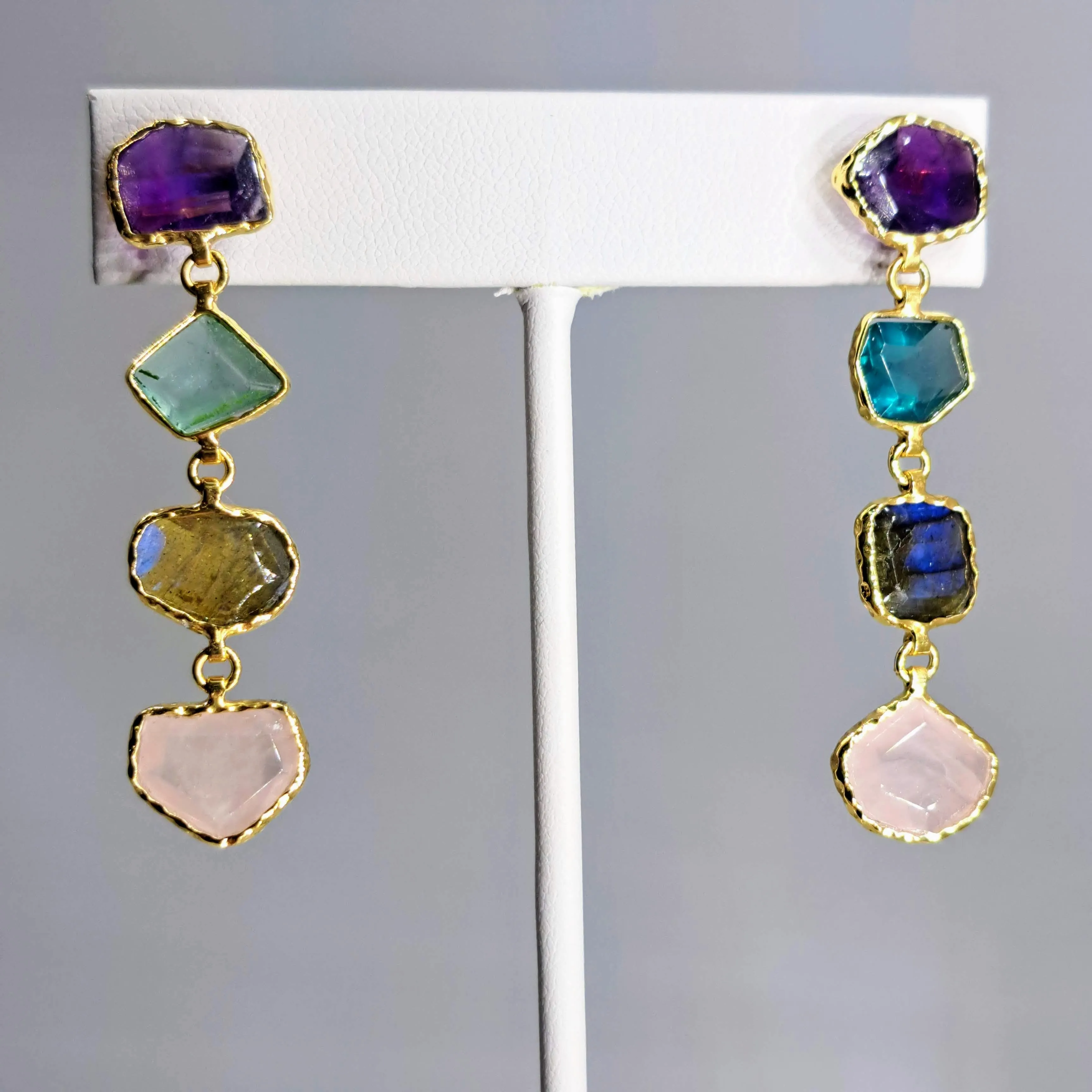 "Sweet Rock Candy" 2" Earrings - Amethyst, Fluorite, Labradorite, Rose Quartz, 18k Gold Sterling