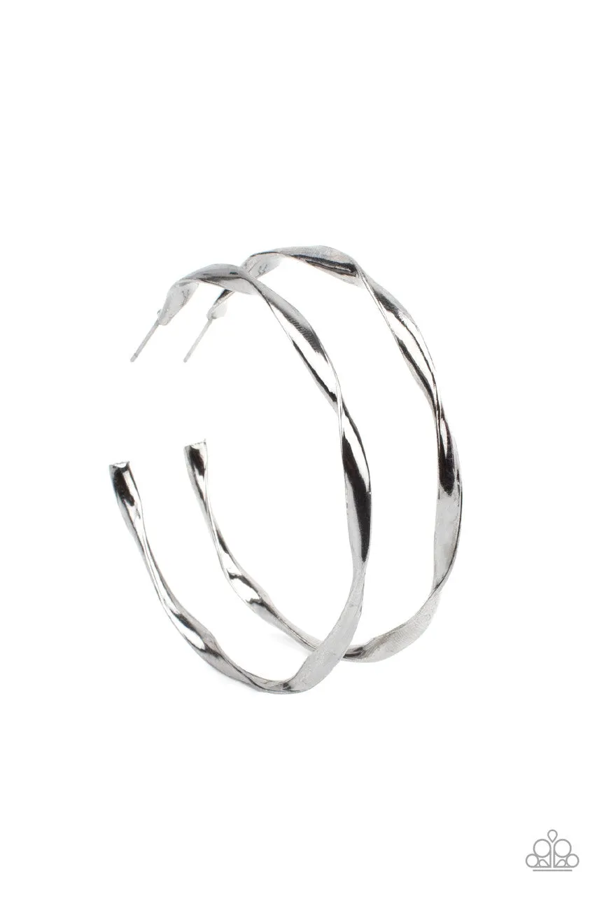 Radiantly Warped - Black - Gunmetal Twisted Paparazzi Hoop Earrings