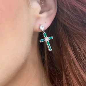 Rebecca Judith Silver Drop Jewelled Cross Earring & Stud - Emerald Green