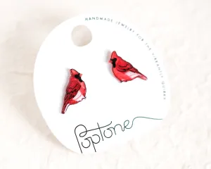 Red Cardinal Winter Bird Stud Earrings