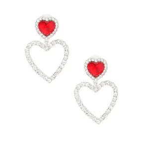 Red Heart Stud Earrings Dangle Open Love Silver Plated