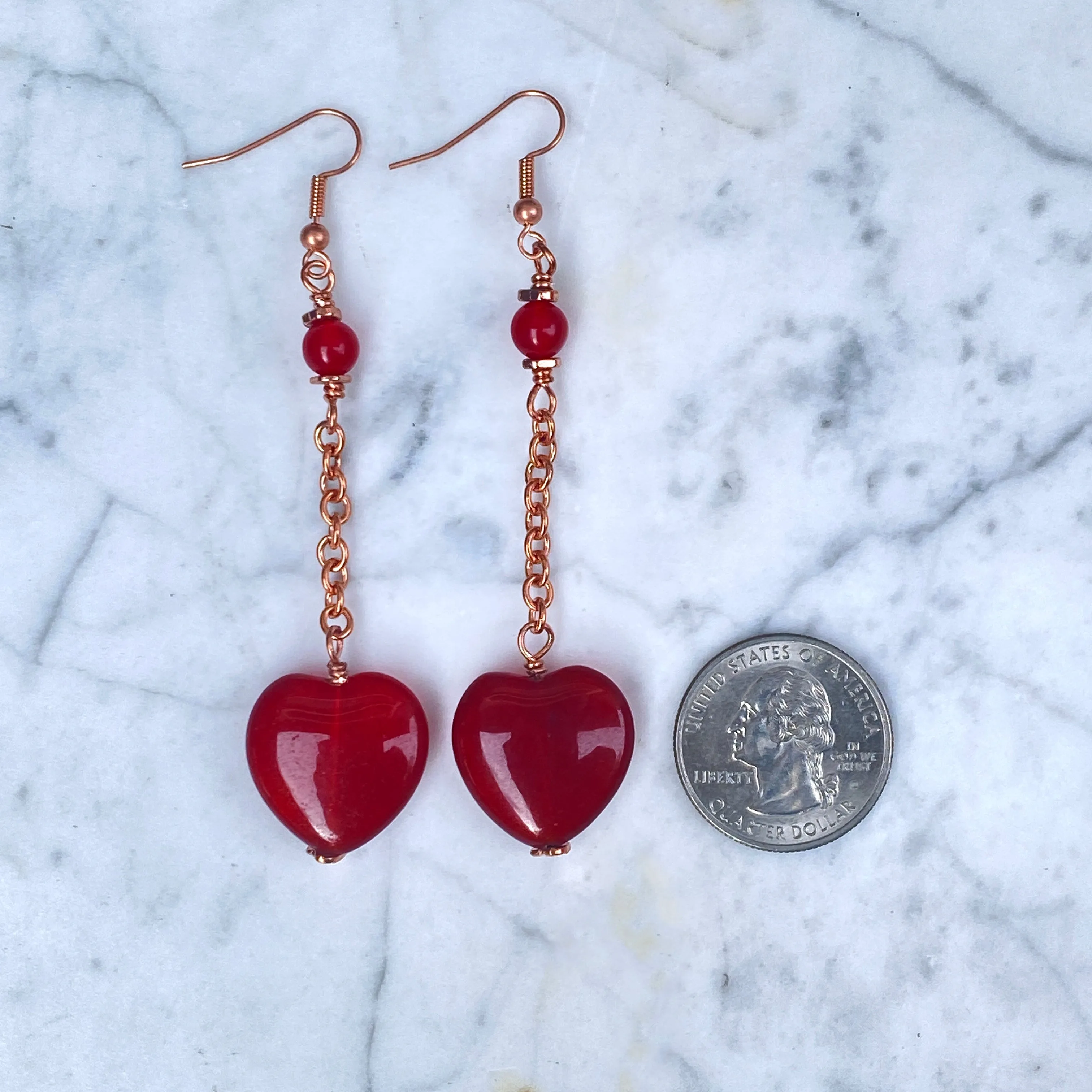 Red Jade Heart and Copper Dangle Earrings