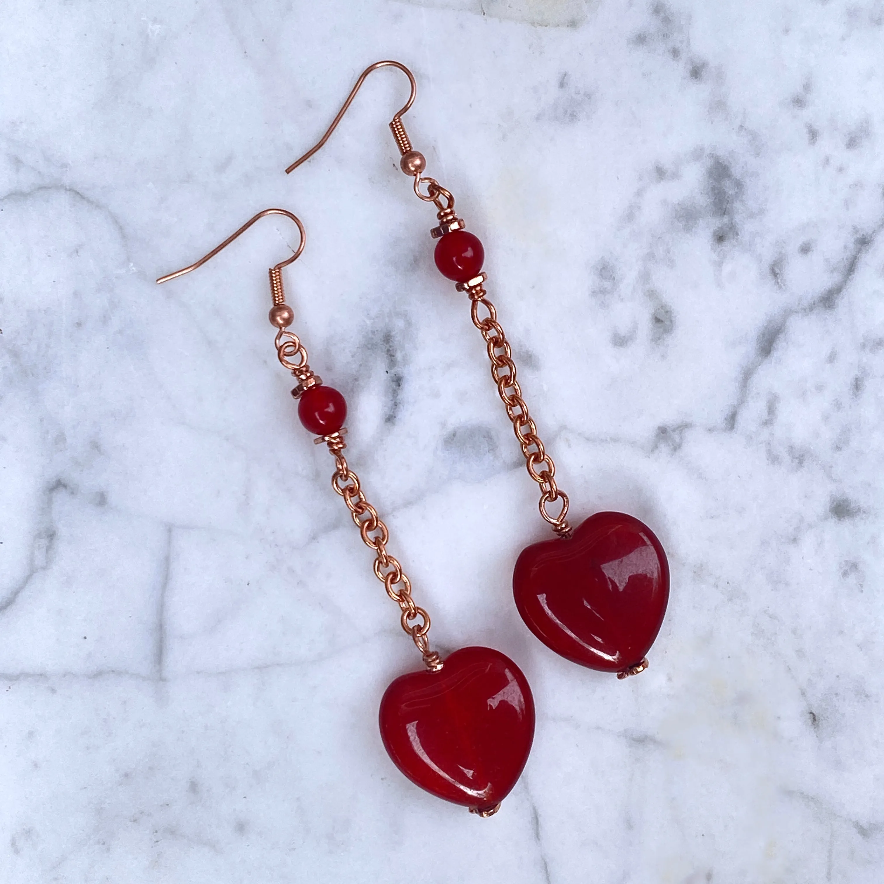Red Jade Heart and Copper Dangle Earrings