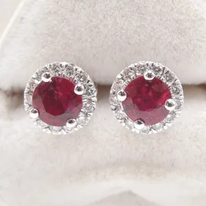 Red Ruby and Diamond Halo Stud Earrings