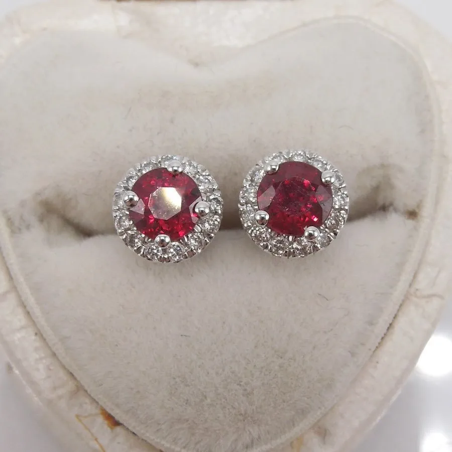 Red Ruby and Diamond Halo Stud Earrings