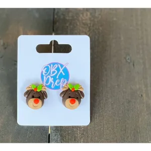 Reindeer with Holly Antlers Polymer Clay Stud Earrings