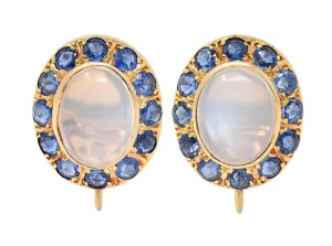 Retro Sapphire Moonstone 14 Karat Gold Vintage Screw-Back Earrings